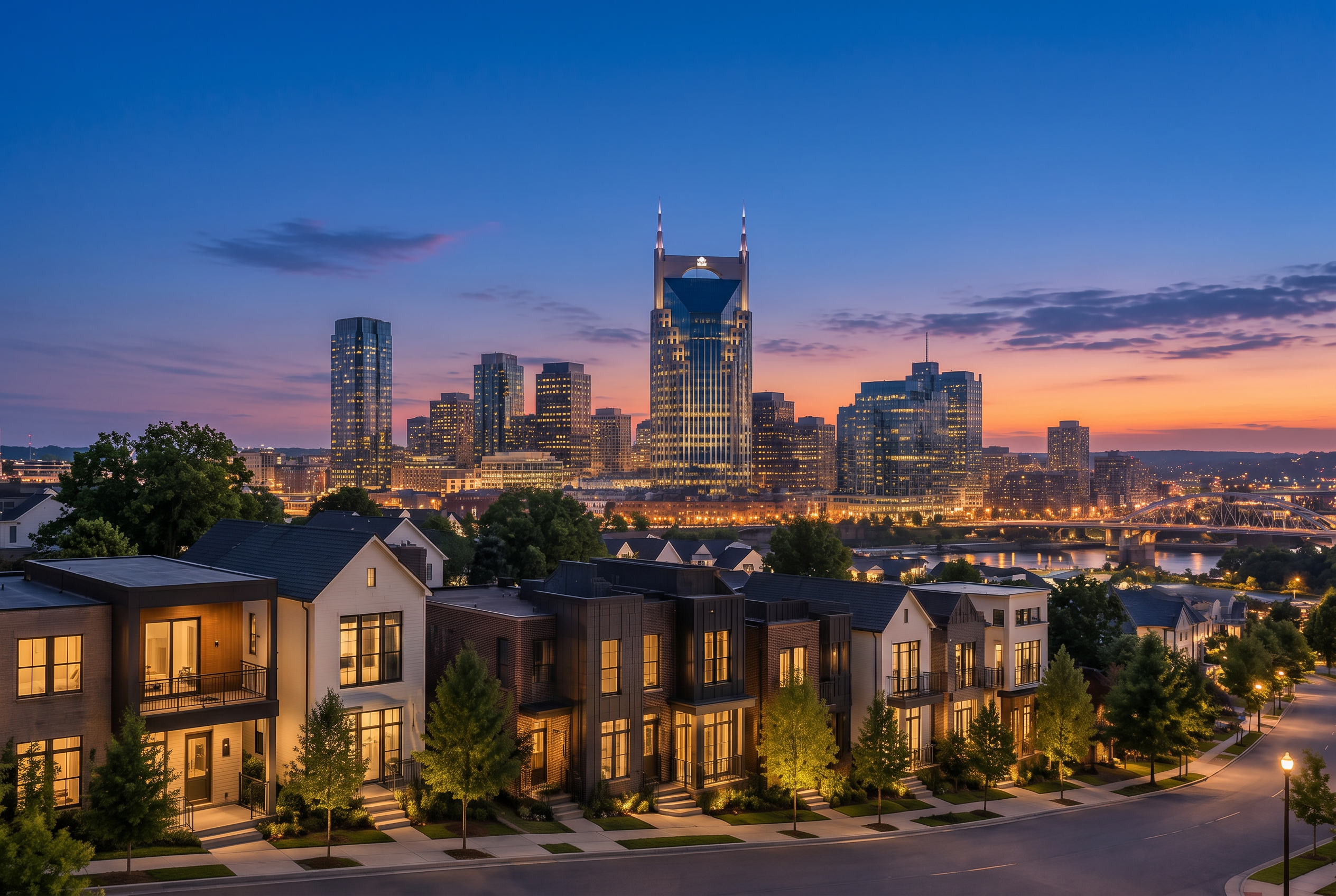 Newly built Nashville homes with the AT&T Batman Building centered in the skyline at dusk